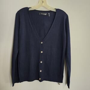 MAK Womens V-neck Cardigan Sweater Silver Bottoms Lightweight Navy Blue Sz M